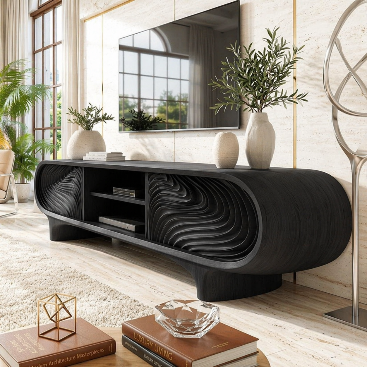 Sculptural Curved TV Console, Modern Carved Media Cabinet for Luxury Interiors