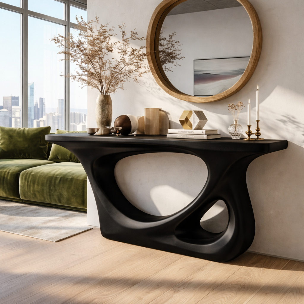 Modern Wooden Console Table with Round Mirror and Elegant Decor