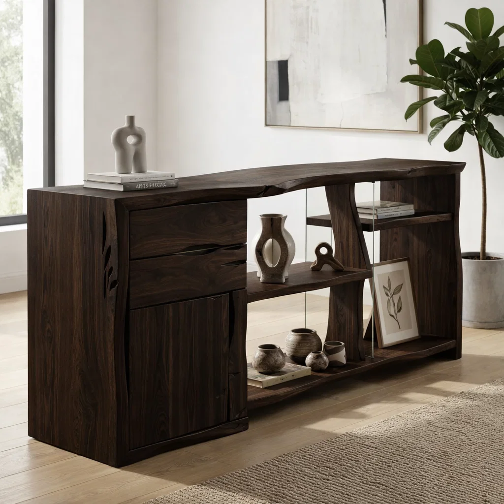 Live Edge Solid Wood Console Cabinet - Modern Rustic Sideboard with Glass Shelving