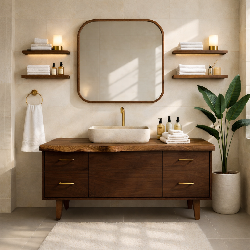 Modern Solid Wood Bathroom Vanity Cabinet With Drawers Mid-Century Style
