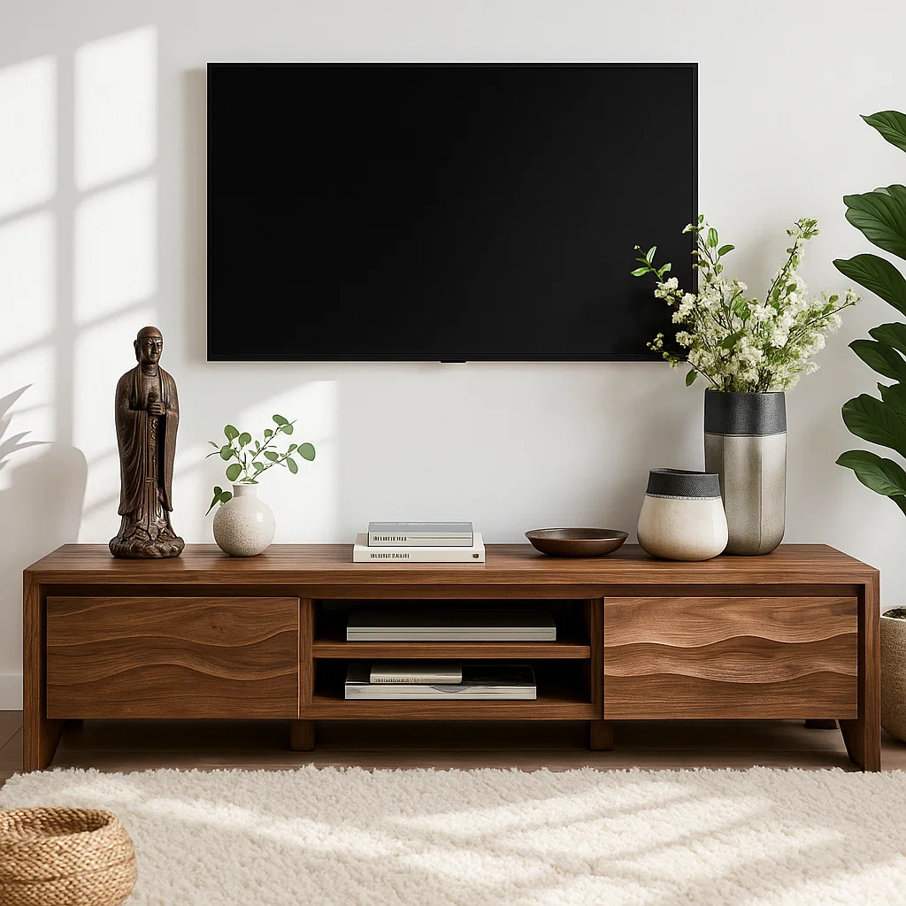 Modern Wave Front Wood TV Stand Long Media Console With Storage and Open Shelf