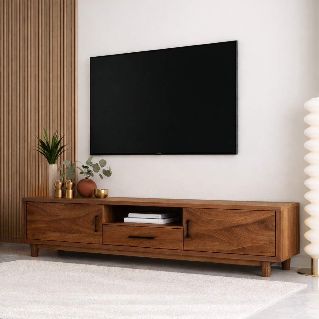 Mid Century Solid Wood TV Stand Wave Front Media Console Modern Entertainment Cabinet