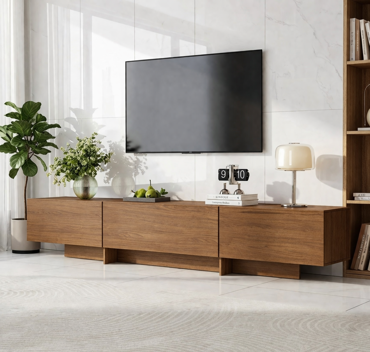 Modern Solid Wood TV Stand Long Low Profile Media Console Minimal Storage Unit