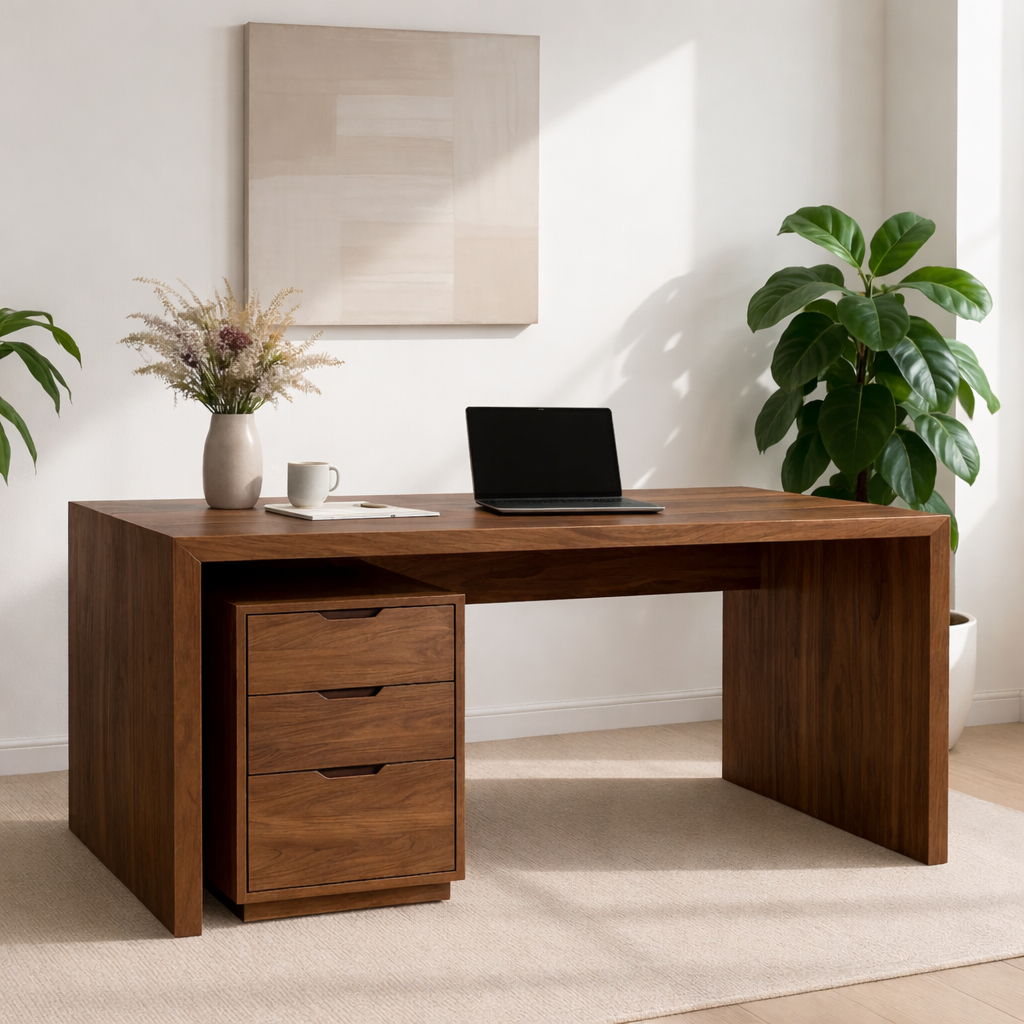 Modern Solid Wood Desk with 3 Drawer Storage Minimalist Home Office Writing Table