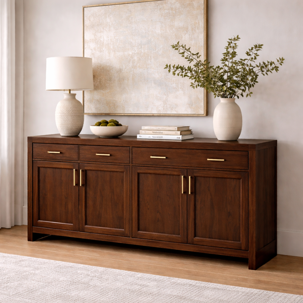 Solid Wood Console Cabinet with Drawers and Door Storage for Living Room