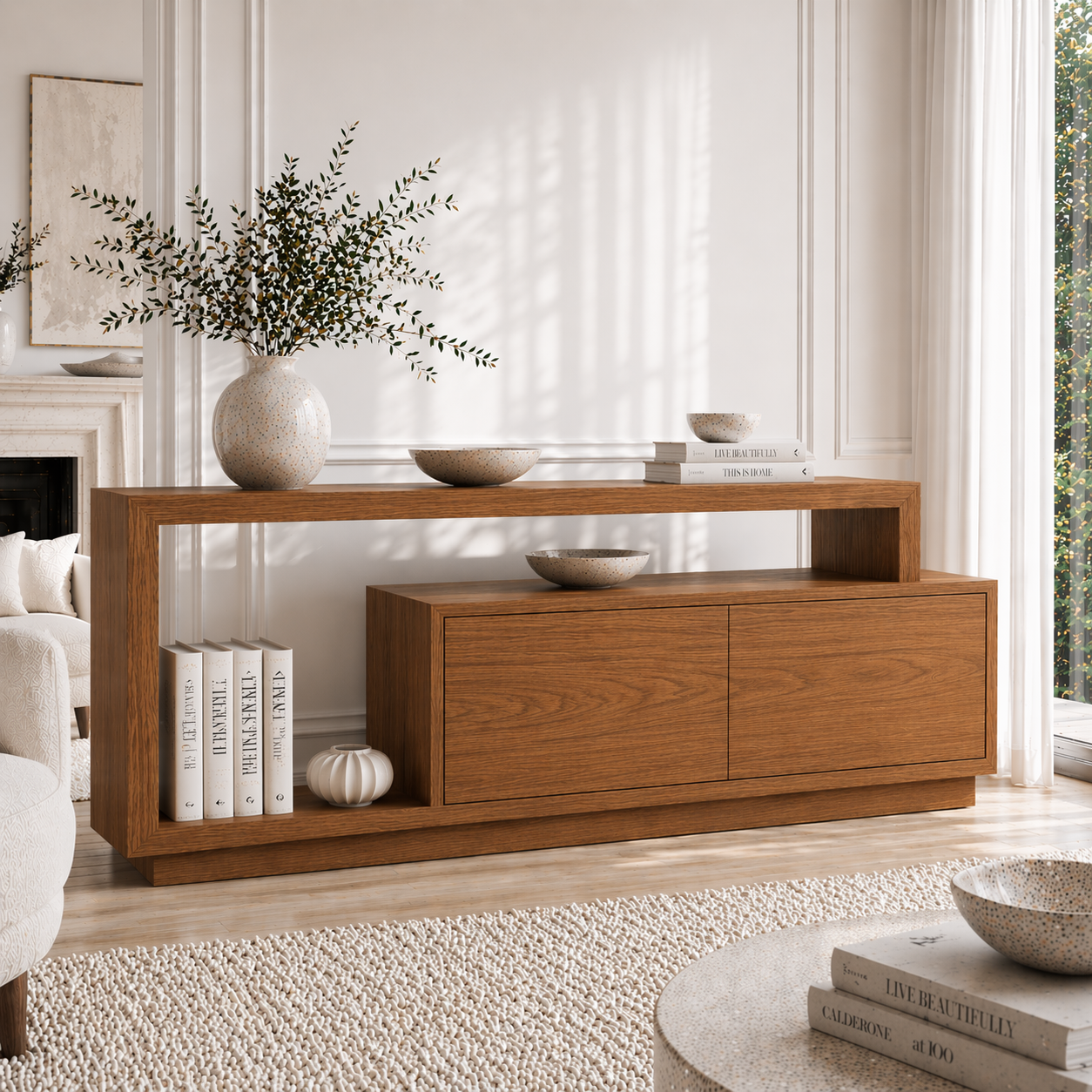 Minimalist Solid Wood Console Sideboard – Modern Walnut Entryway Storage Table