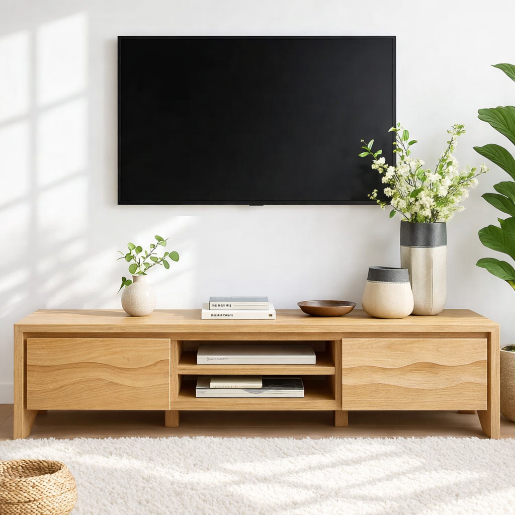 Modern Wave Front Wood TV Stand Long Media Console With Storage and Open Shelf
