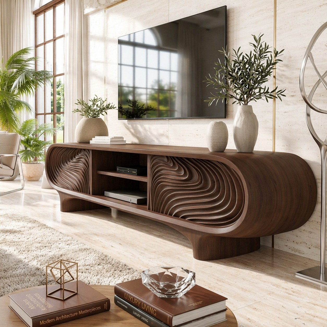 Sculptural Curved TV Console, Modern Carved Media Cabinet for Luxury Interiors