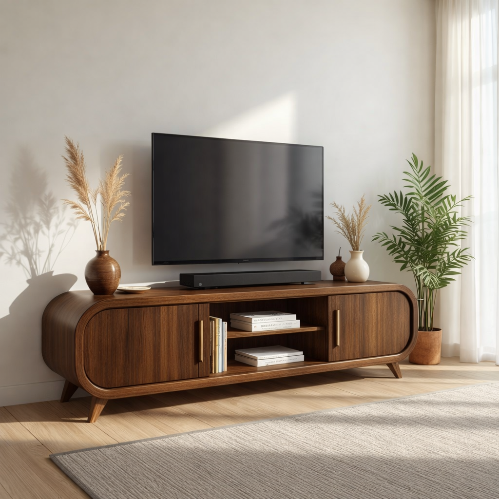 Mid Century Solid Wood TV Stand Curved Media Console Modern Entertainment Center Cabinet