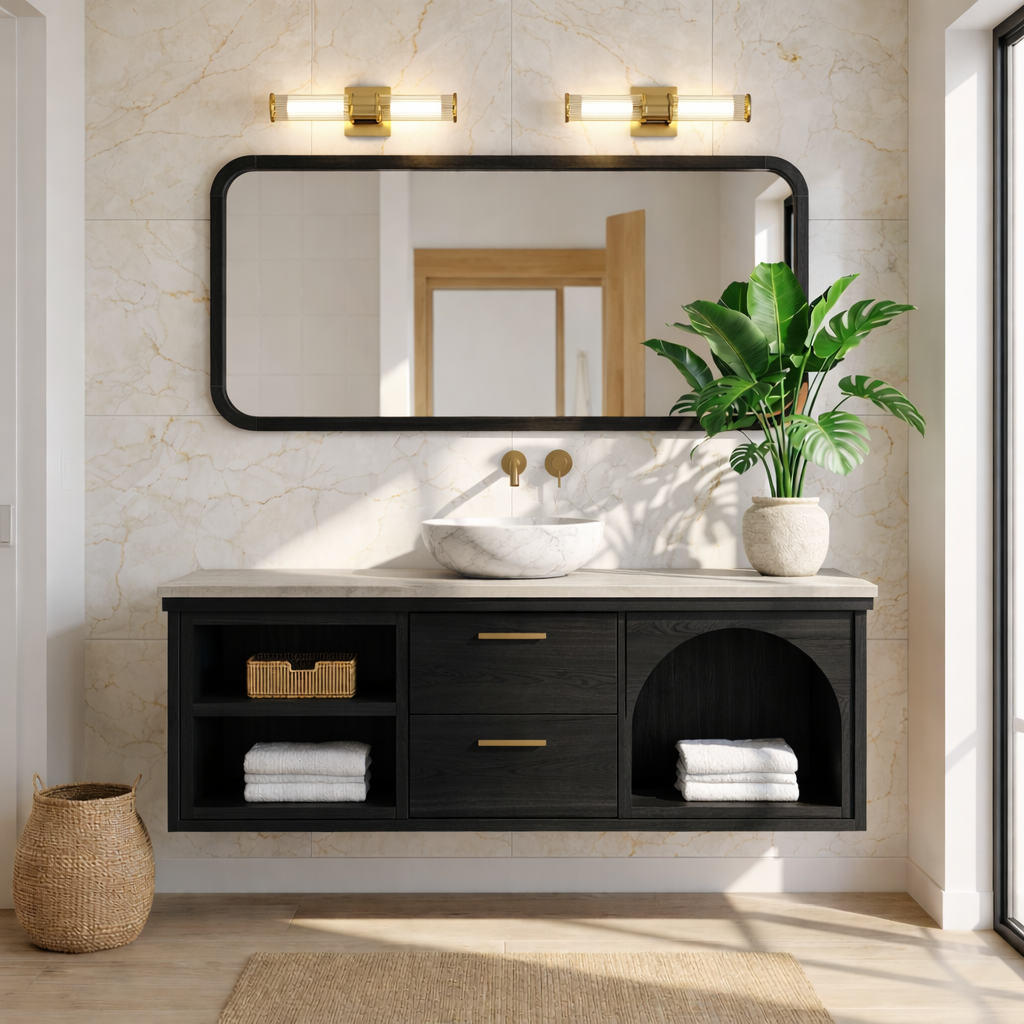 Modern Walnut Floating Vanity with Arched Shelf and Natural Finish
