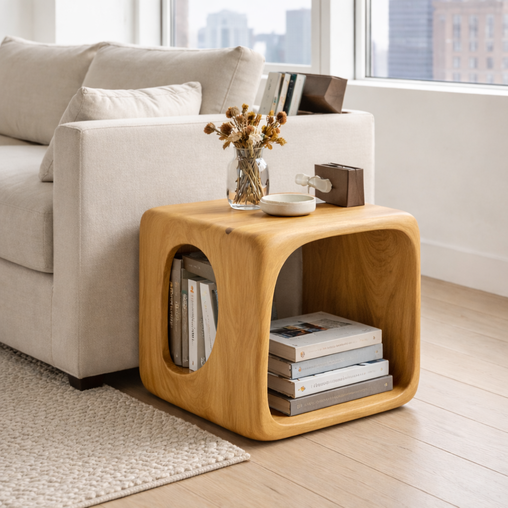 Solid Wood Cube End Table with Storage Shelf – Modern Wooden Side Table