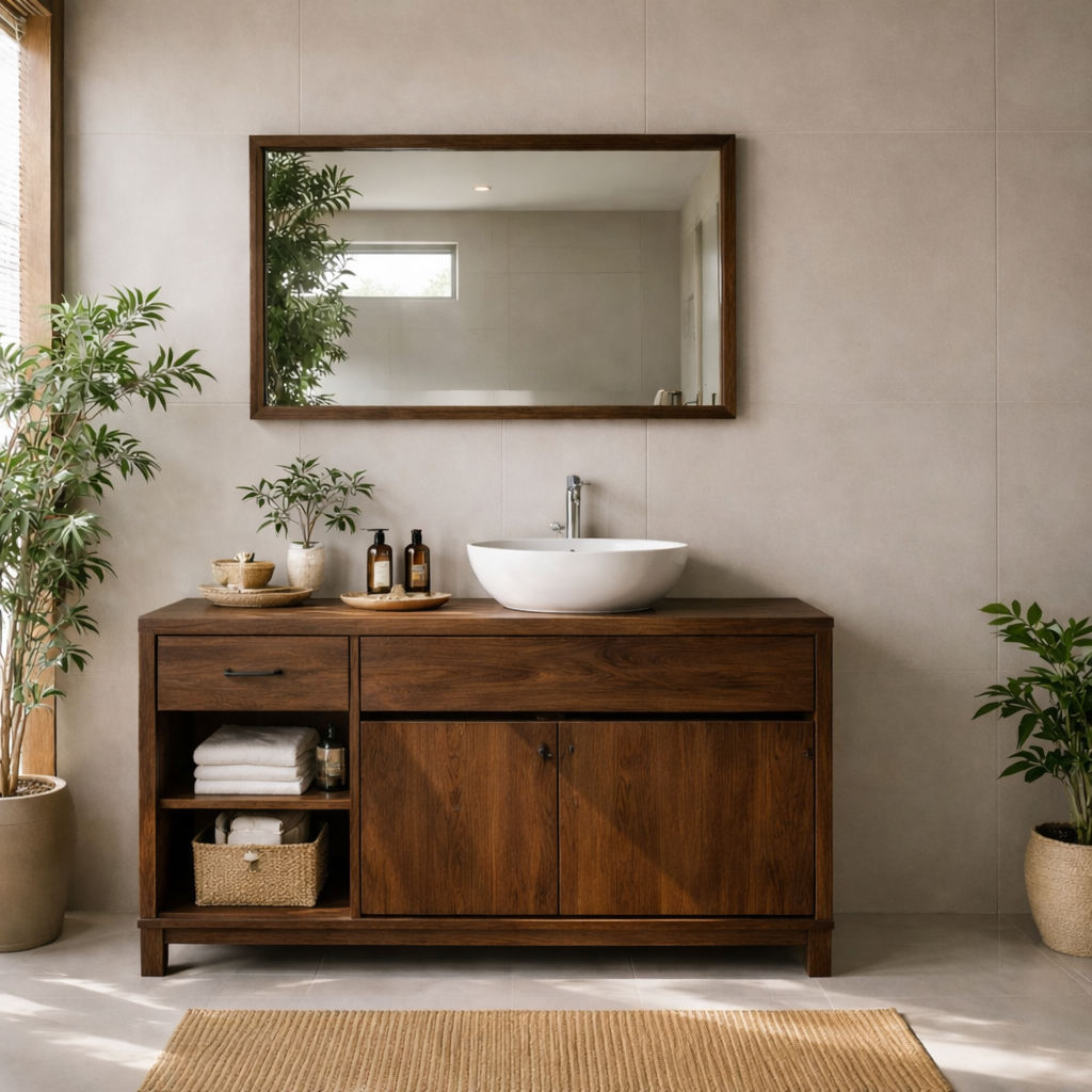 Solid Wood Bathroom Vanity with Side Shelf Storage – Natural Wood Freestanding Vanity Cabinet