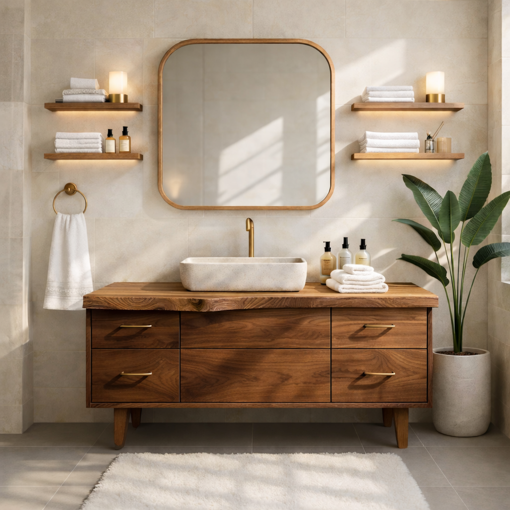 Modern Solid Wood Bathroom Vanity Cabinet With Drawers Mid-Century Style