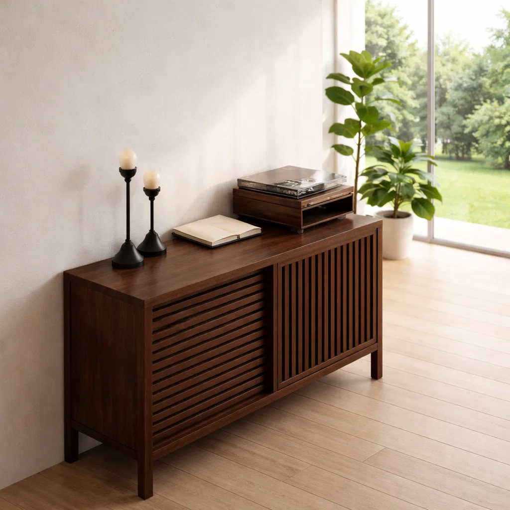 Slatted Sliding Door Sideboard Cabinet – Modern Minimalist Storage Console