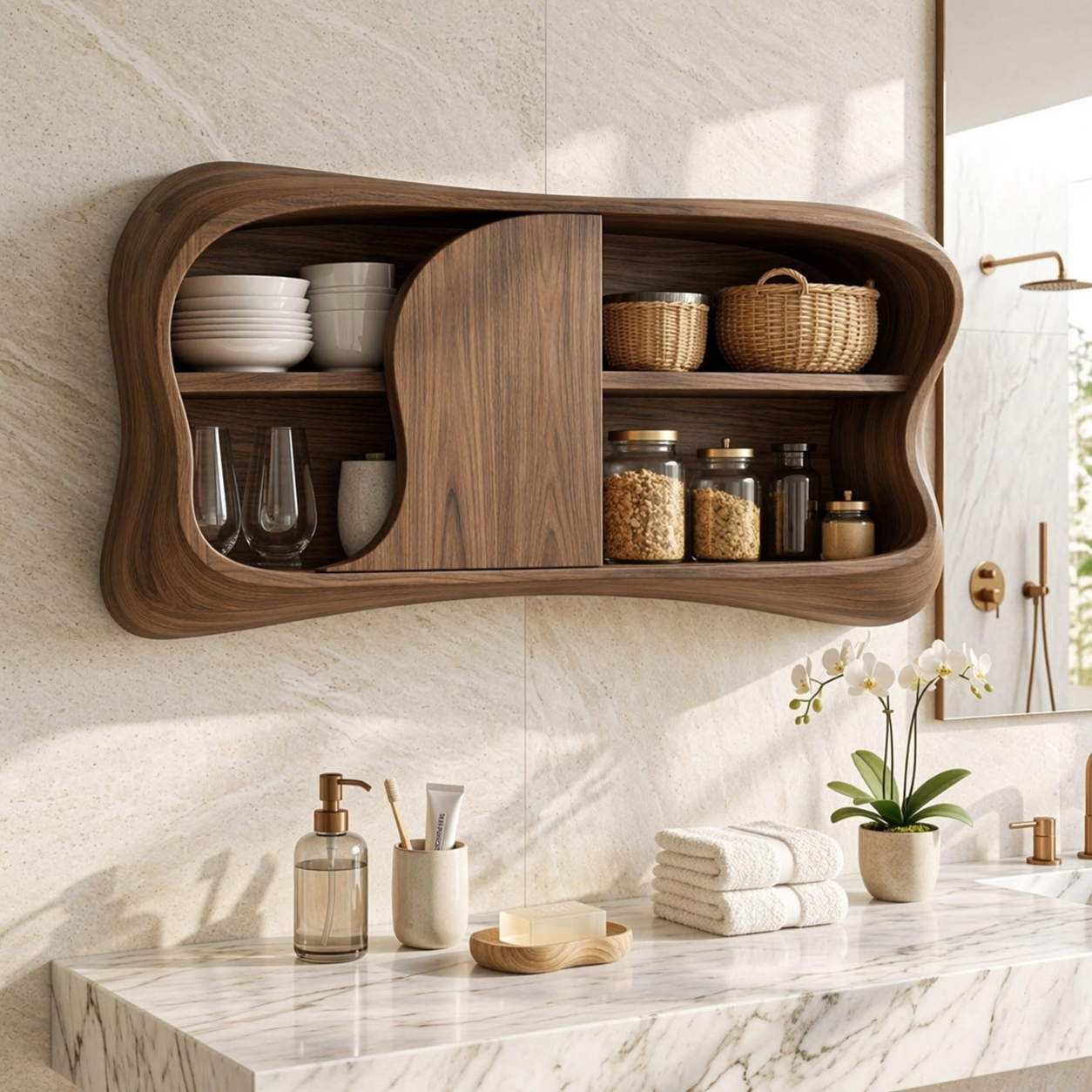 Floating Bathroom Cabinet, Modern Organic Wall Mounted Vanity Storage Organizer Unit