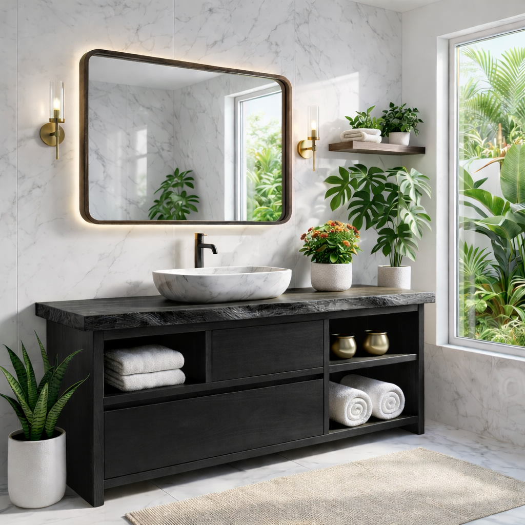 Elegant Wooden Bathroom Vanity with Marble Sink and LED Mirror