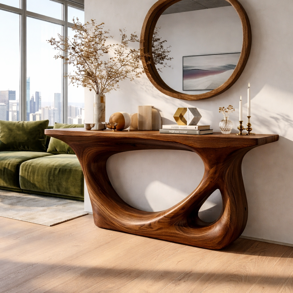 Modern Wooden Console Table with Round Mirror and Elegant Decor