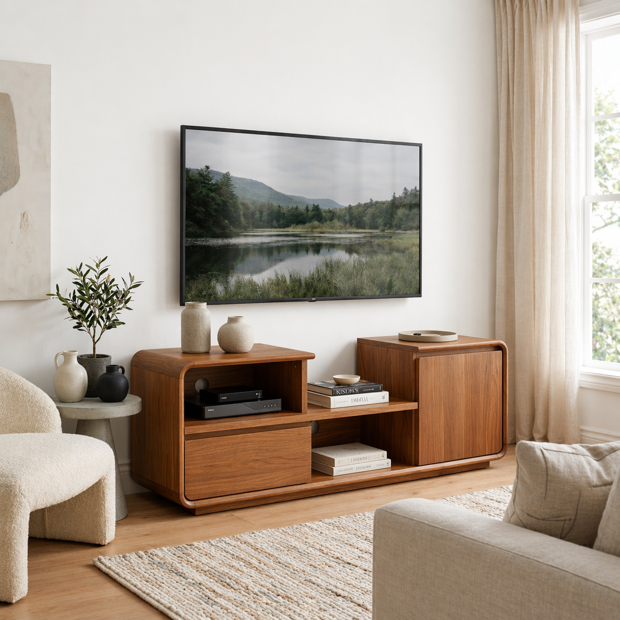 Solid Wood Media Console with Rounded Edges, Modern TV Stand with Storage Cabinet
