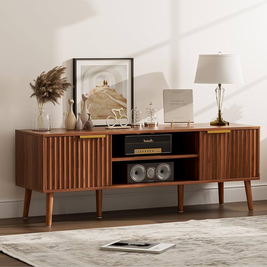 Mid Century Wood Sideboard Cabinet with Slatted Doors & Media Storage Shelf