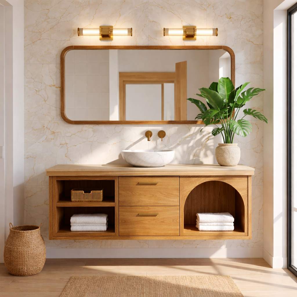 Modern Walnut Floating Vanity with Arched Shelf and Natural Finish