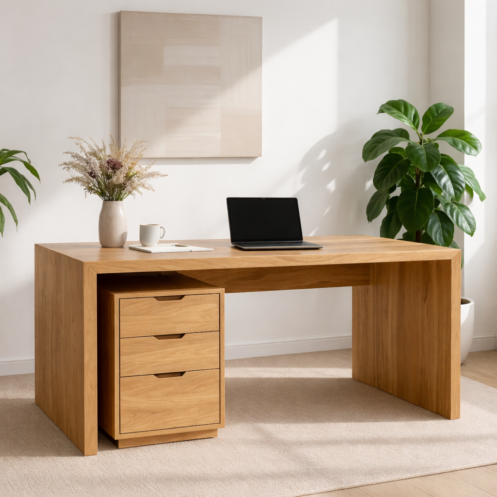 Modern Solid Wood Desk with 3 Drawer Storage Minimalist Home Office Writing Table