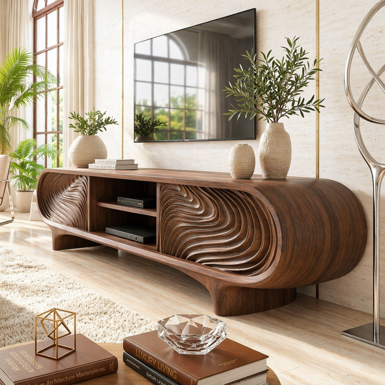 Sculptural Curved TV Console, Modern Carved Media Cabinet for Luxury Interiors