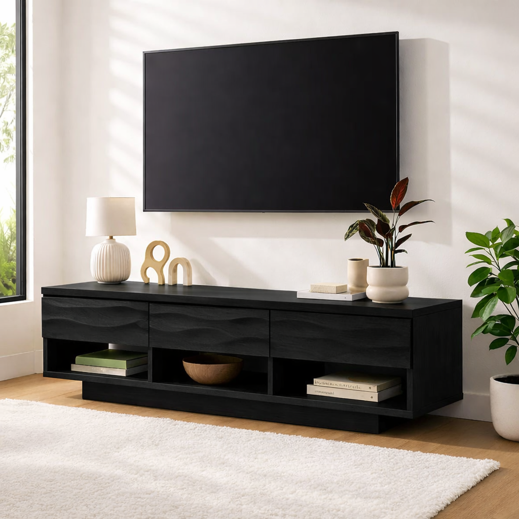 Handcrafted Solid Walnut TV Stand – Modern Wavy Drawer Media Console for Contemporary Homes