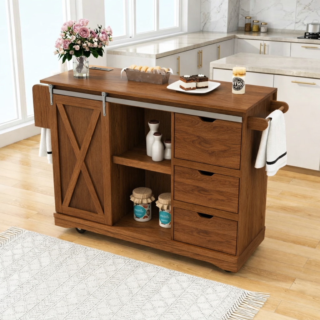 Rolling Kitchen Island with Drawers, Sliding Barn Door Storage Cart, Modern Prep Table for Kitchen