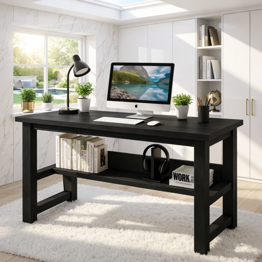 Modern Writing Desk with Open Shelf Home Office Computer Desk Minimal Work Table