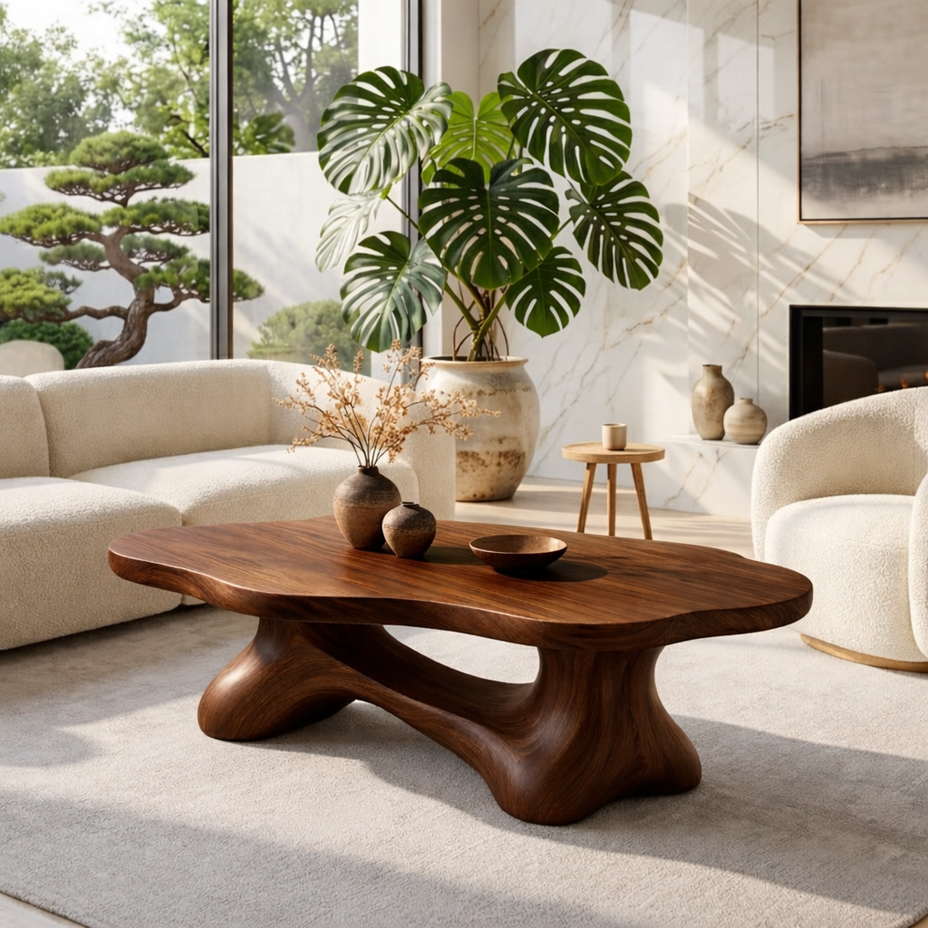 Solid Wood Sculptural Coffee Table with Organic Carved Base, Modern Designer Living Room Table