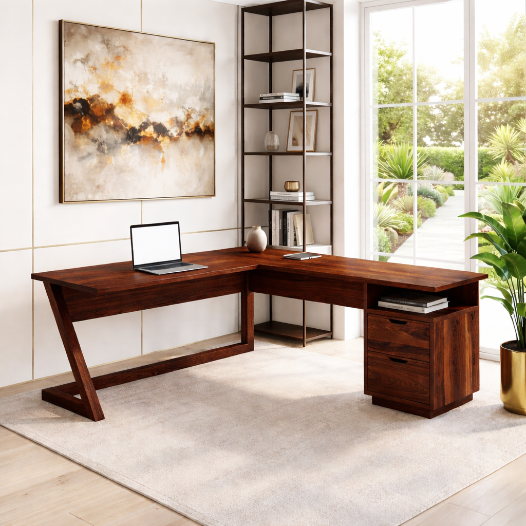 L Shaped Wood Desk with Drawer Storage Corner Office Desk Modern Workspace