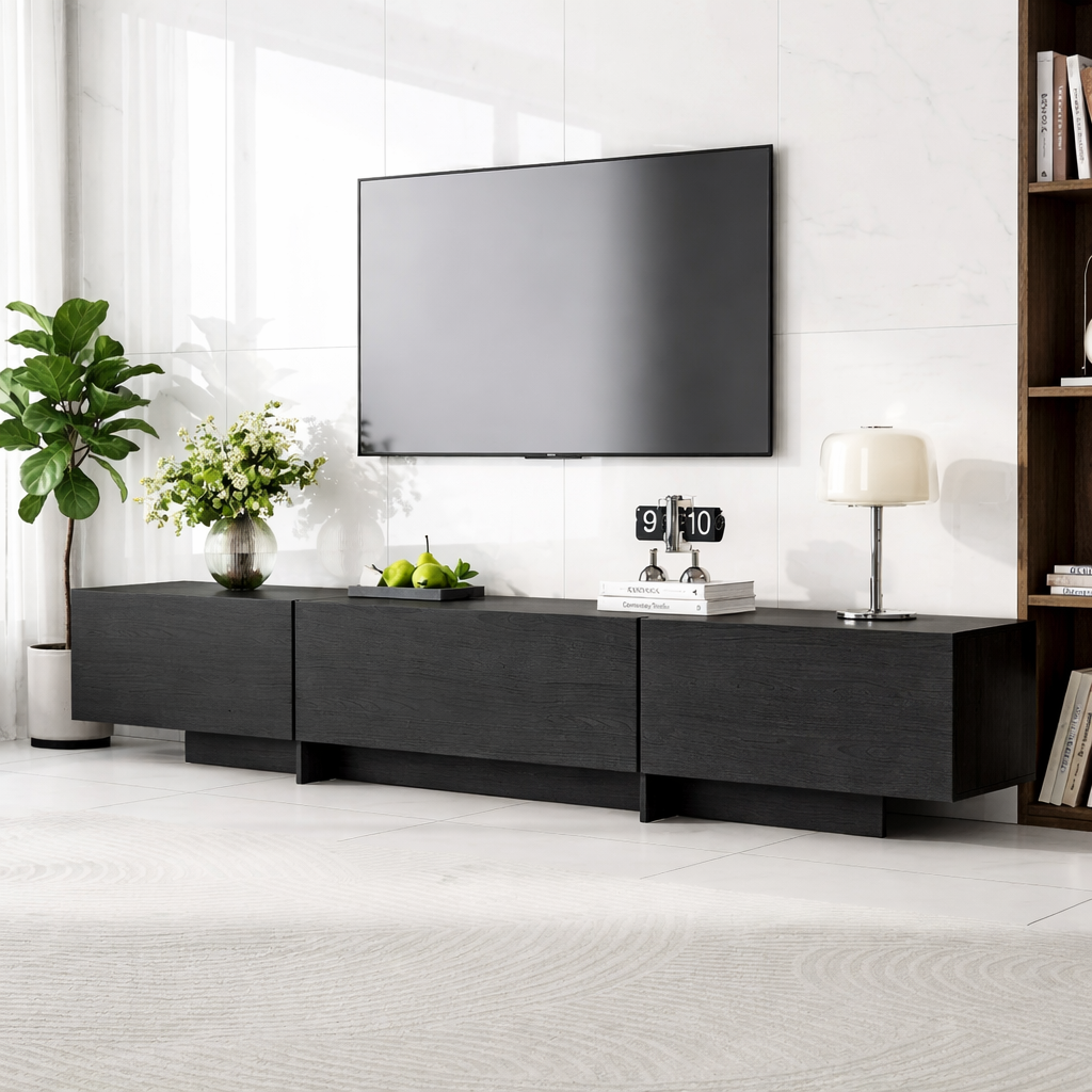 Modern Solid Wood TV Stand Long Low Profile Media Console Minimal Storage Unit