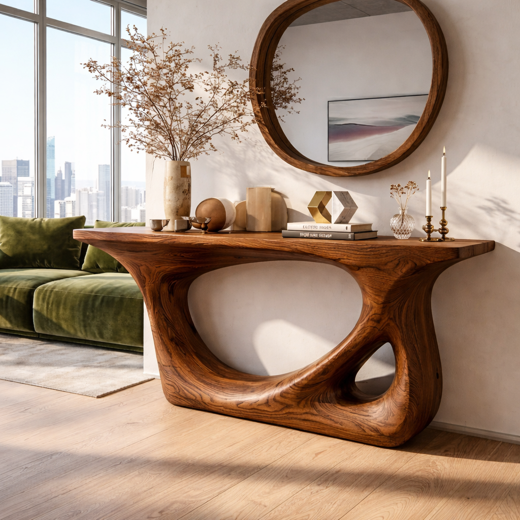 Modern Wooden Console Table with Round Mirror and Elegant Decor