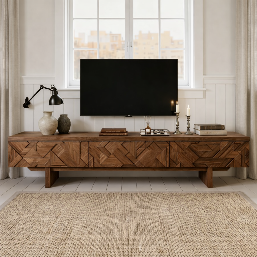 Solid Wood TV Stand with Geometric Doors, Modern Media Console Cabinet