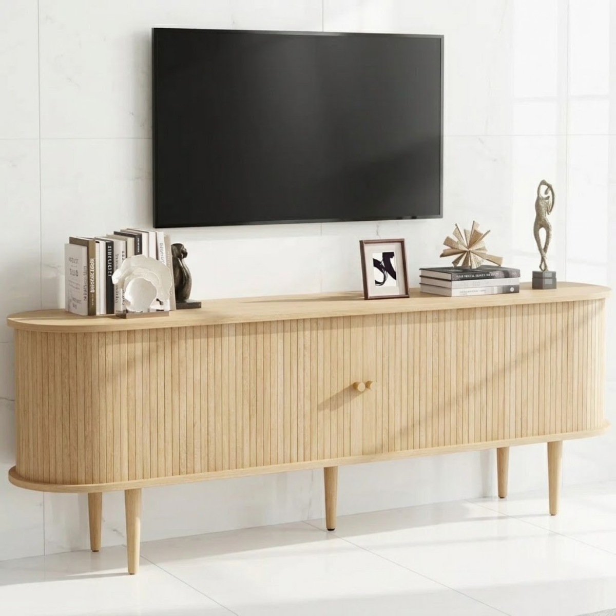 Fluted Solid Wood TV Stand Curved Edge Media Console Mid Century Style Storage