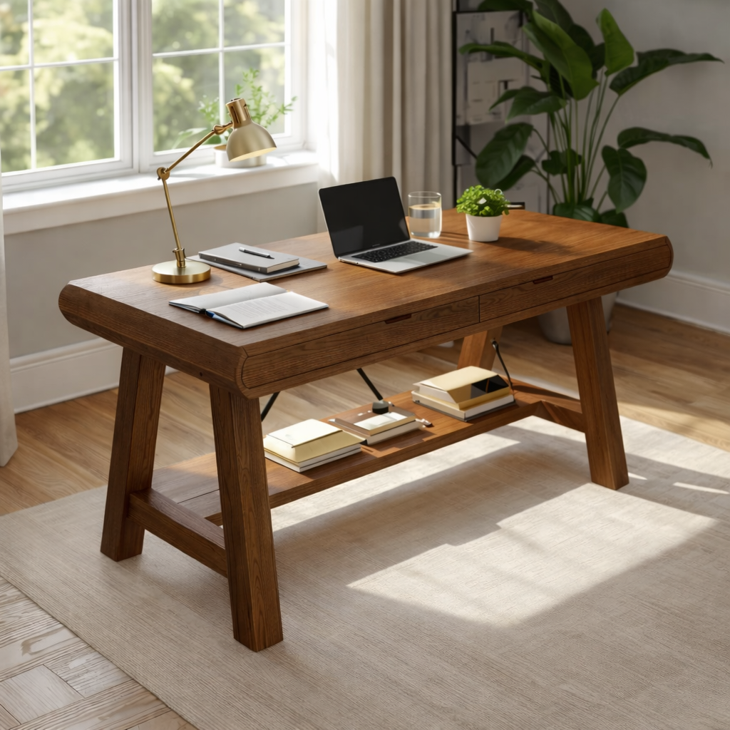 Solid Wood Work Desk with Drawer and Shelf, Handmade Modern Writing Table