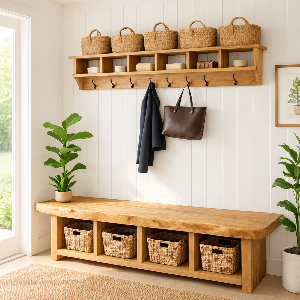 Solid Wood Entryway Bench with Storage Cubbies, Rustic Hallway Organizer Seat