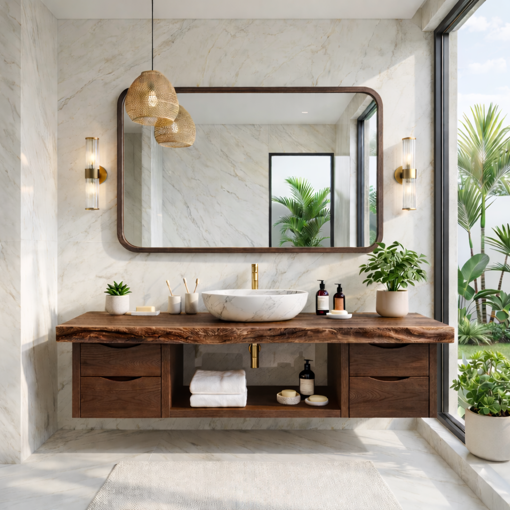 Floating Bathroom Vanity with Natural Wood, Modern Design, and Spacious Storage
