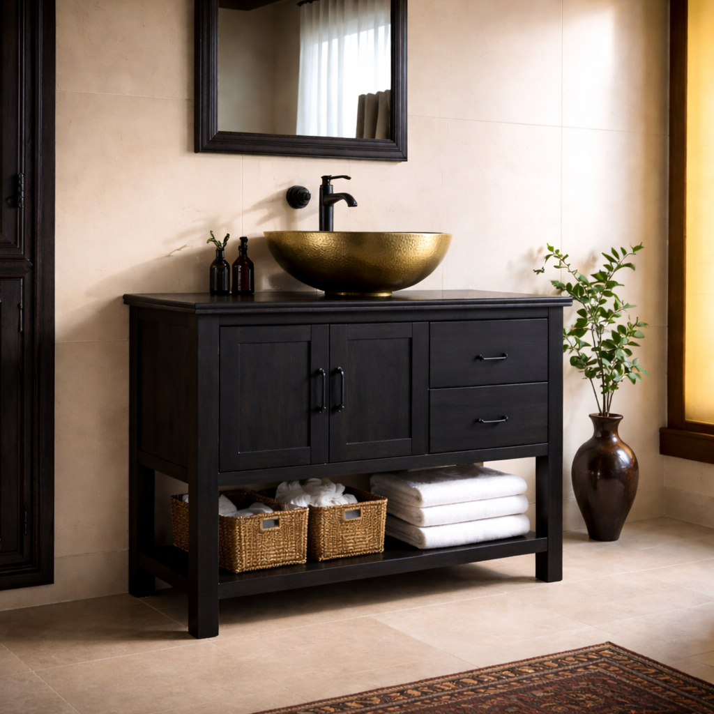 Solid Wood Bathroom Vanity with Drawers, Cabinet Doors & Open Shelf Storage