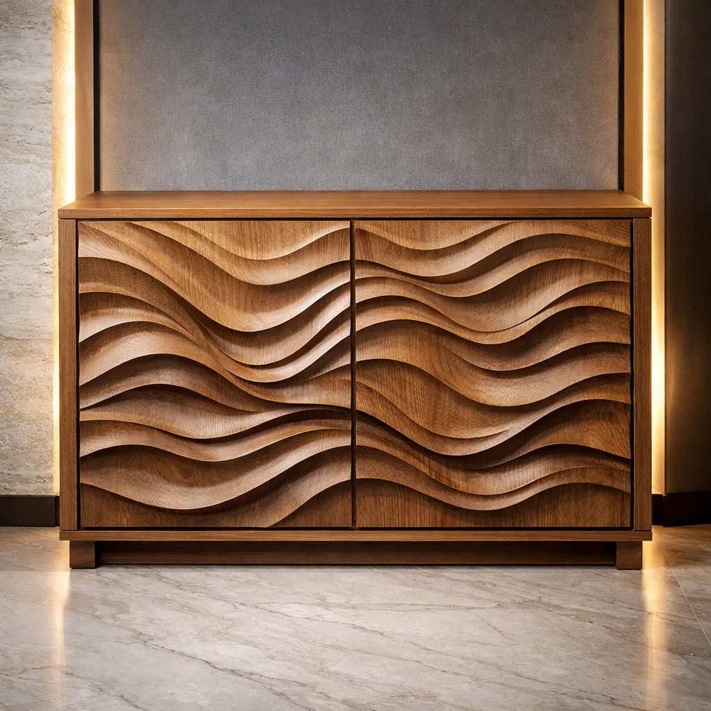 Wave-Pattern Solid Wood Console Cabinet | Modern Home Storage | Elegant Design