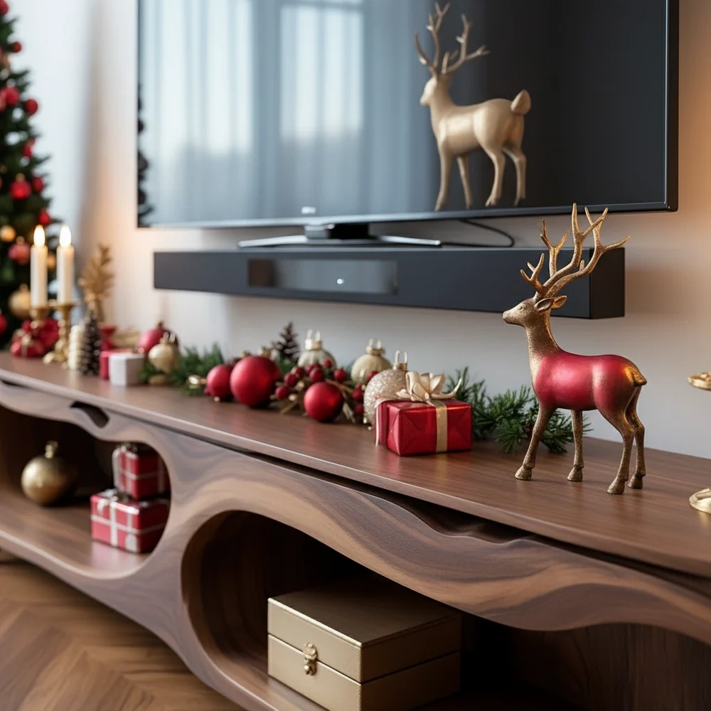 Solid Wood TV Stand Modern Walnut Media Console with Curved Open Storage