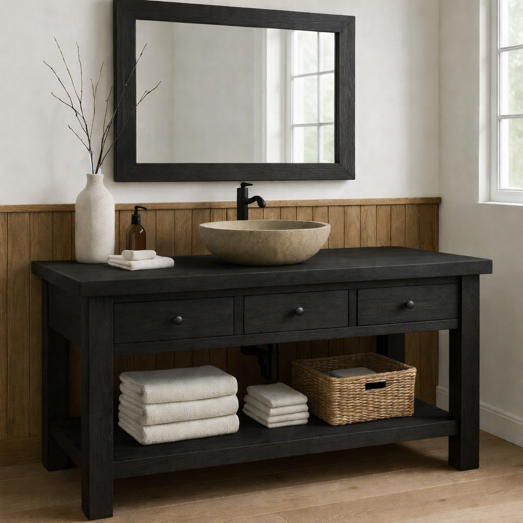 Rustic Solid Wood Bathroom Vanity with Vessel Sink – Modern Design with Storage