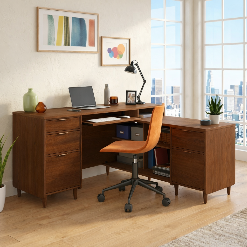 Modern L Shaped Executive Desk with Drawers, Corner Home Office Writing Table