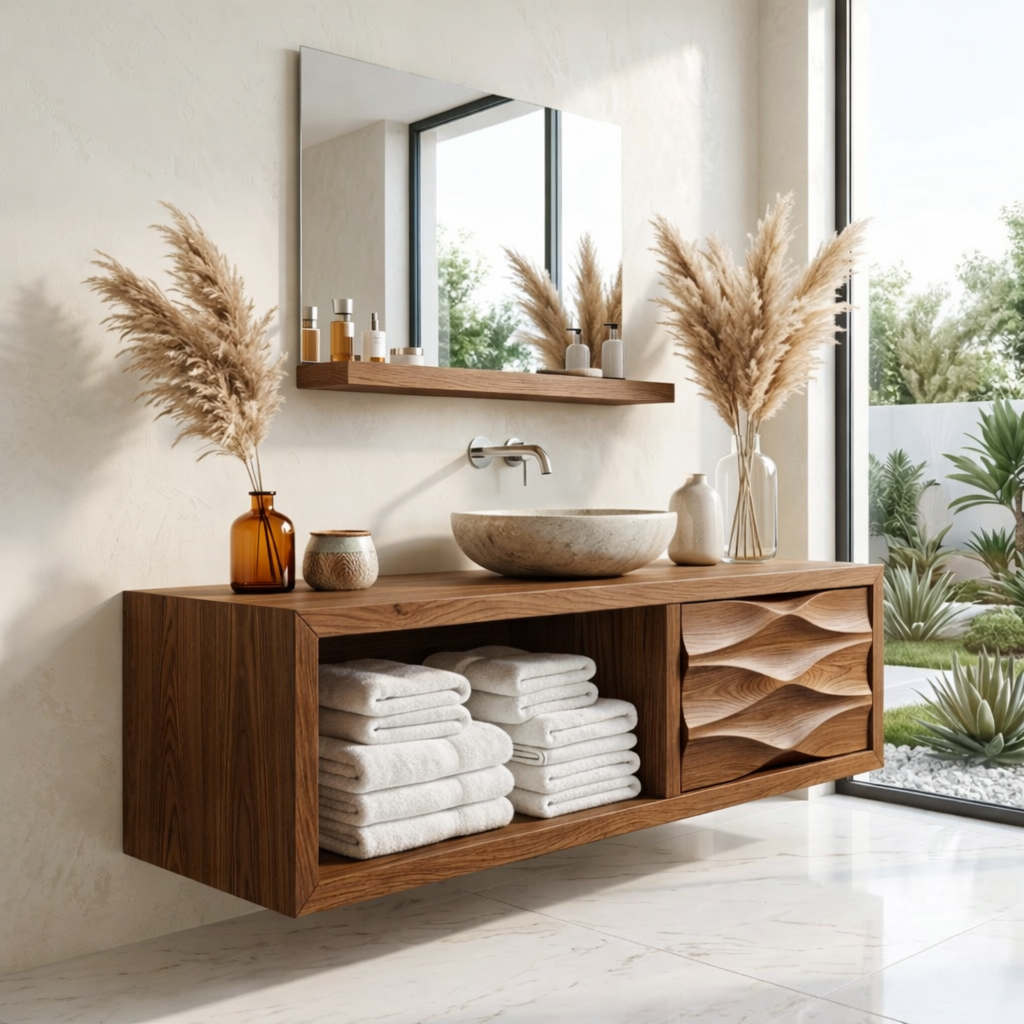 Modern Solid Wood Bathroom Vanity with Open Storage and Textured Drawer Front