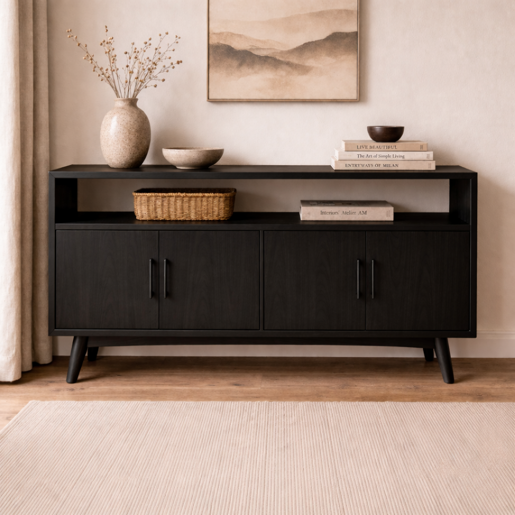 Solid Wood Console Cabinet with Open Shelf and 4 Doors – Modern Storage Sideboard