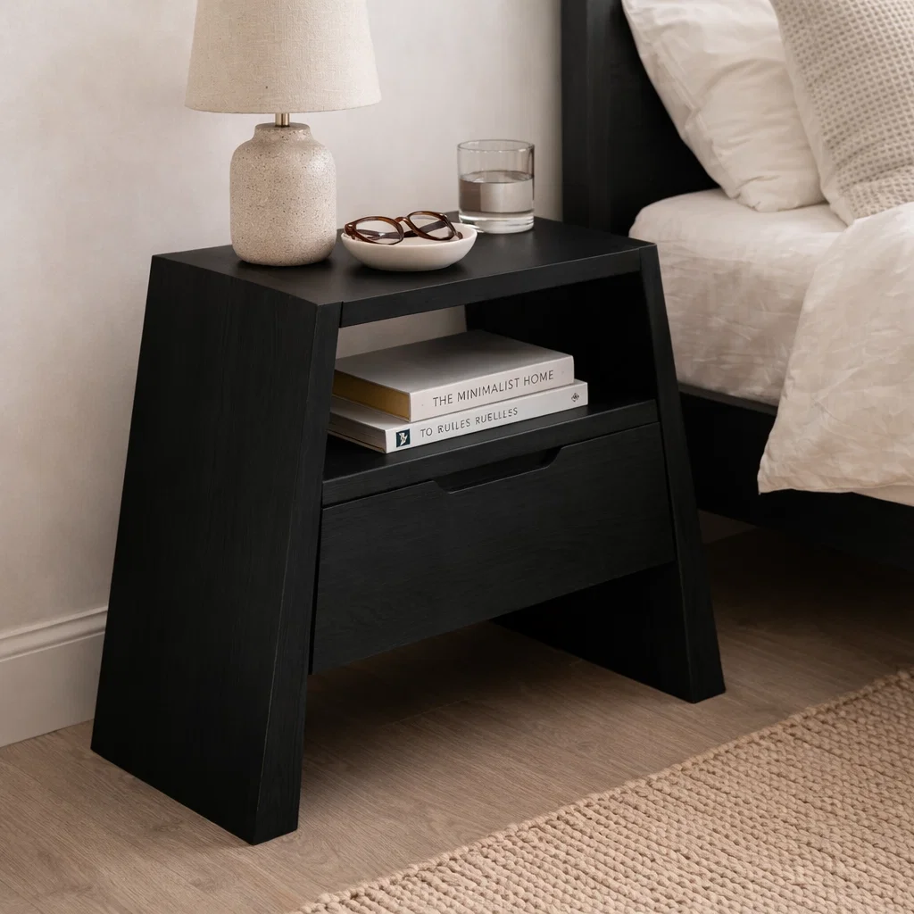 Solid Wood End Table with Drawer and Open Shelf – Modern Angled Bedside Table