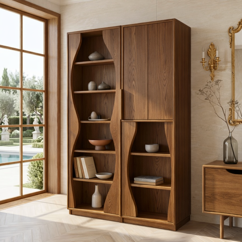 Modern Display Cabinet with Wavy Open Shelves and Tall Concealed Storage