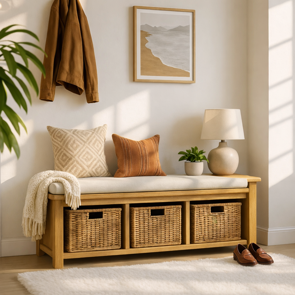 Solid Wood Entryway Bench with Woven Basket Storage, Rustic Hallway Organizer