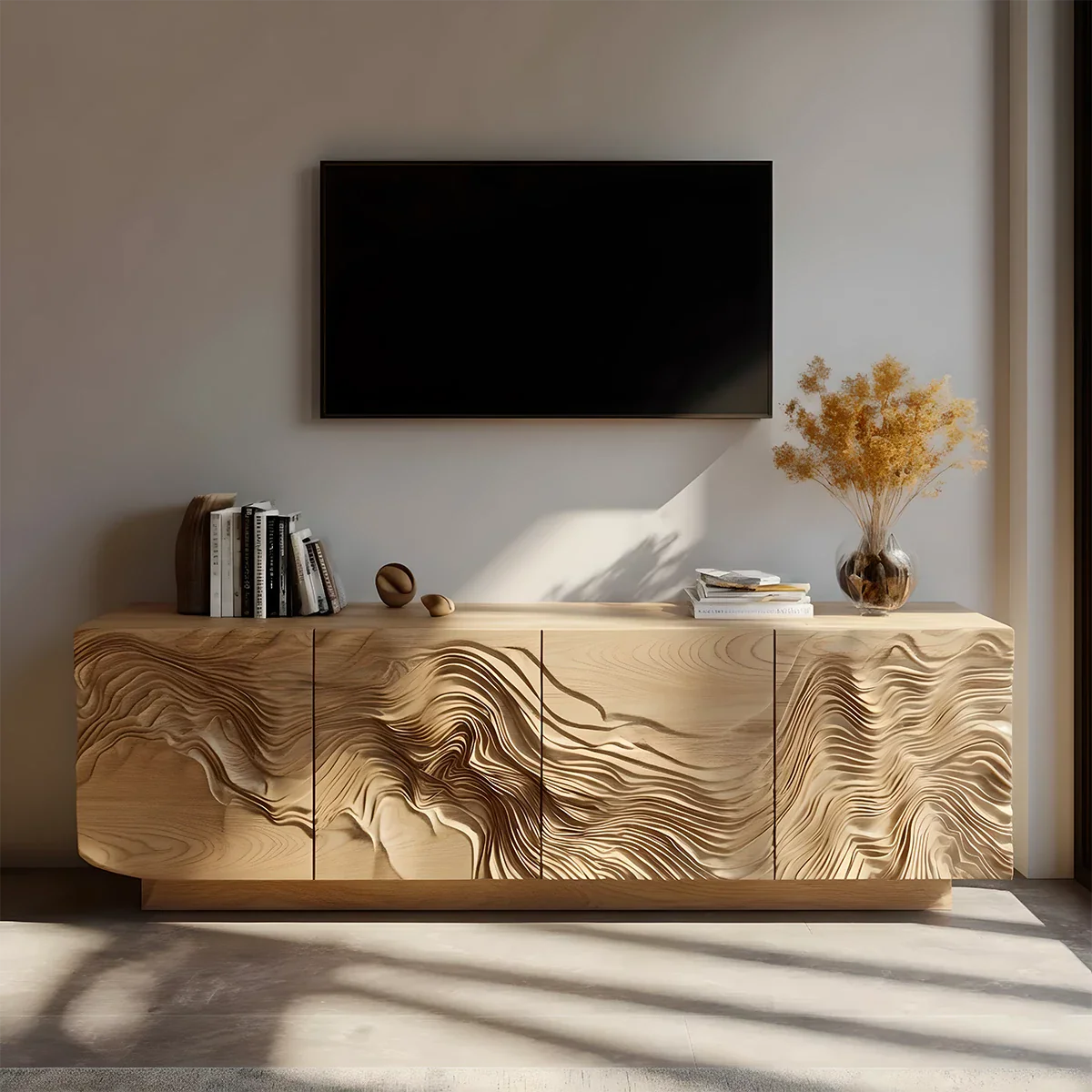 Solid Wood TV Stand with Carved Wave Design Modern Oak Media Console with Storage