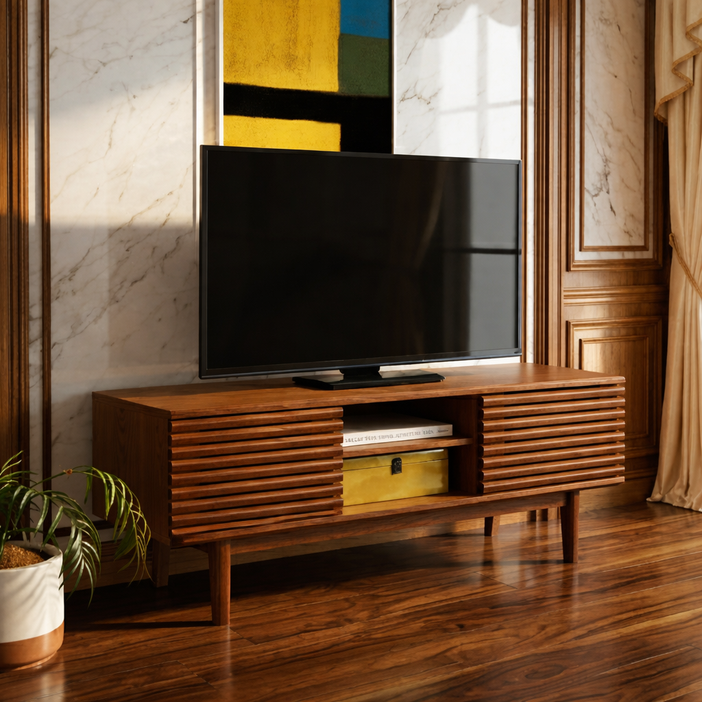 Mid Century Modern TV Stand, Slatted Media Console Cabinet with Storage for Living Room